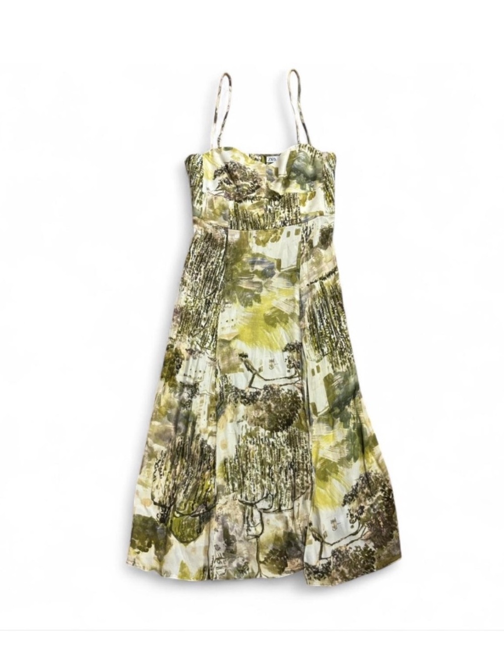 Zara Olive, Cream and Brown Abstract Print Spaghetti Strap Midi Dress